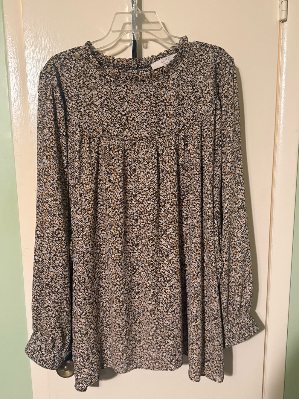 LOFT Black Floral Long-Sleeve Peasant Blouse